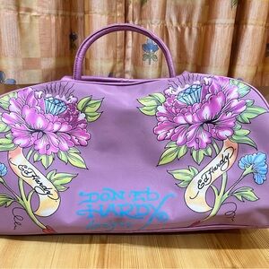 Ed Hardy Purple Floral Travel Bag with Vintage Design